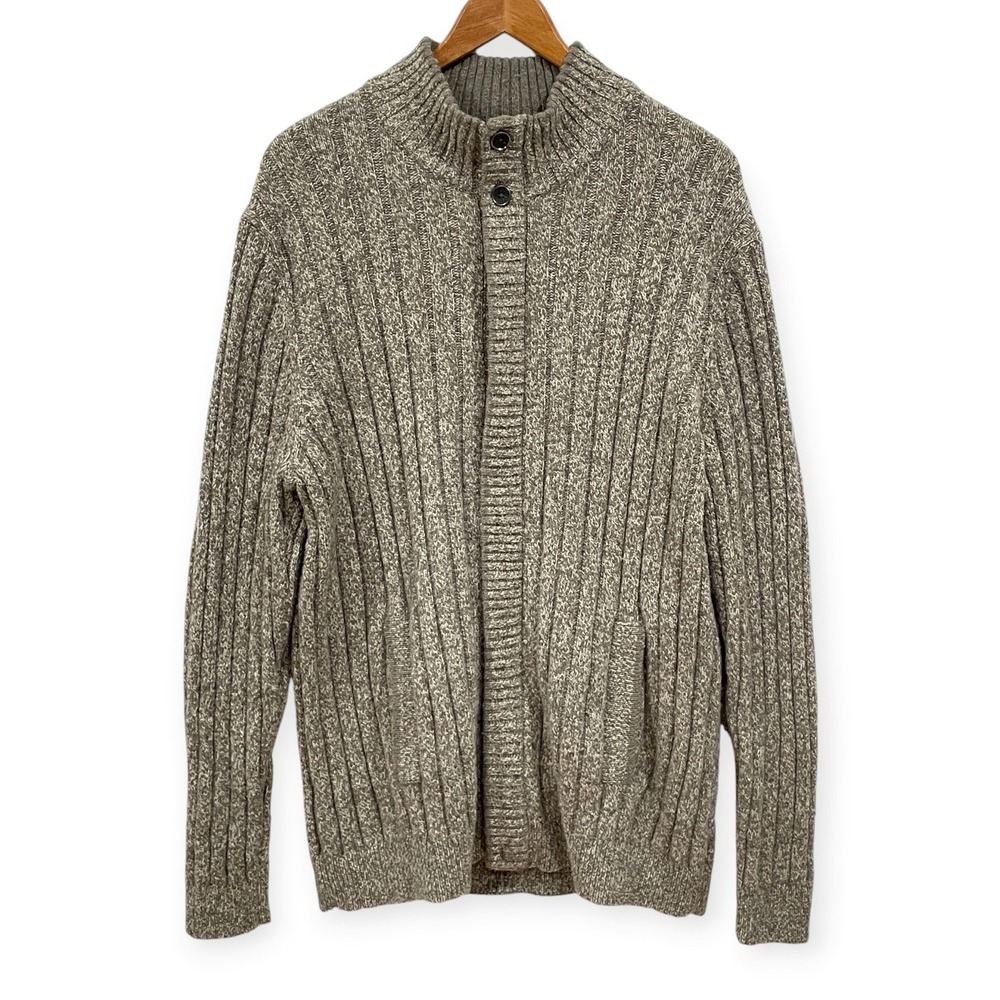 Tasso Elba Marled Brown Ribbed Wool Zip Up Cardigan Men XL Mock Neck Earthy Cozy